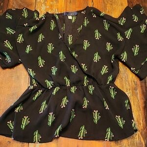 Women's medium black blouse with cactus print
